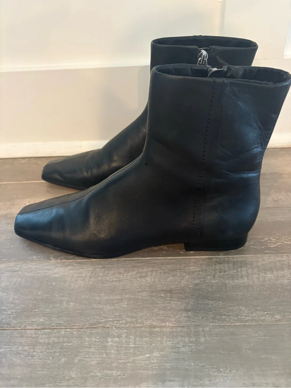 Mango Black Leather Square Toe Ankle Boots Side Zip EU 38 US 7.5/8
